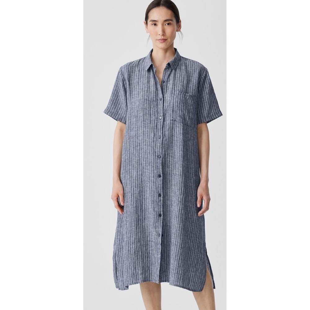 Eileen Fisher Striped Organic Linen Crinkle Shirt Dress M Blue White Knee Length